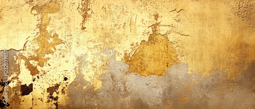 Weathered golden wall with peeling paint, exhibiting a unique texture and captivating aesthetic in an urban environment. photo