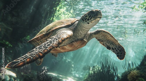 Sea turtle swimming in coral reef, underwater sunlight