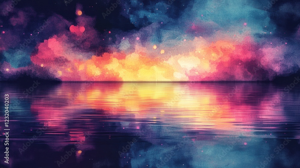 Watercolor Sunset Reflecting on Calm Water Watercolor Sunset Reflecting on Calm Water