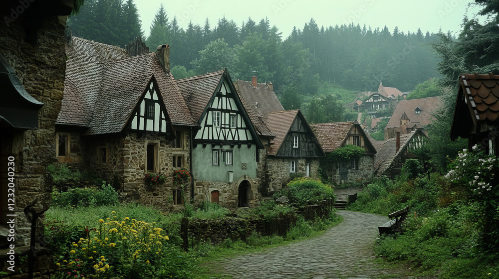Old half-timbered houses in german village. Traditional medieval european buildings. Vector cartoon set of fachwork cottages with facade from stone and timber isolated on white background Old half-timbered houses in german village. Traditional medieval european buildings. Vector cartoon set of fachwork cottages with facade from stone and timber isolated on white background