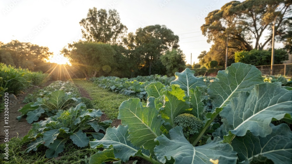 Dappled sunlight peeks through the leaves of mature broccoli plants in the garden, outdoors, greenery, nature, sunbeams, foliage Dappled sunlight peeks through the leaves of mature broccoli plants in the garden, outdoors, greenery, nature, sunbeams, foliage