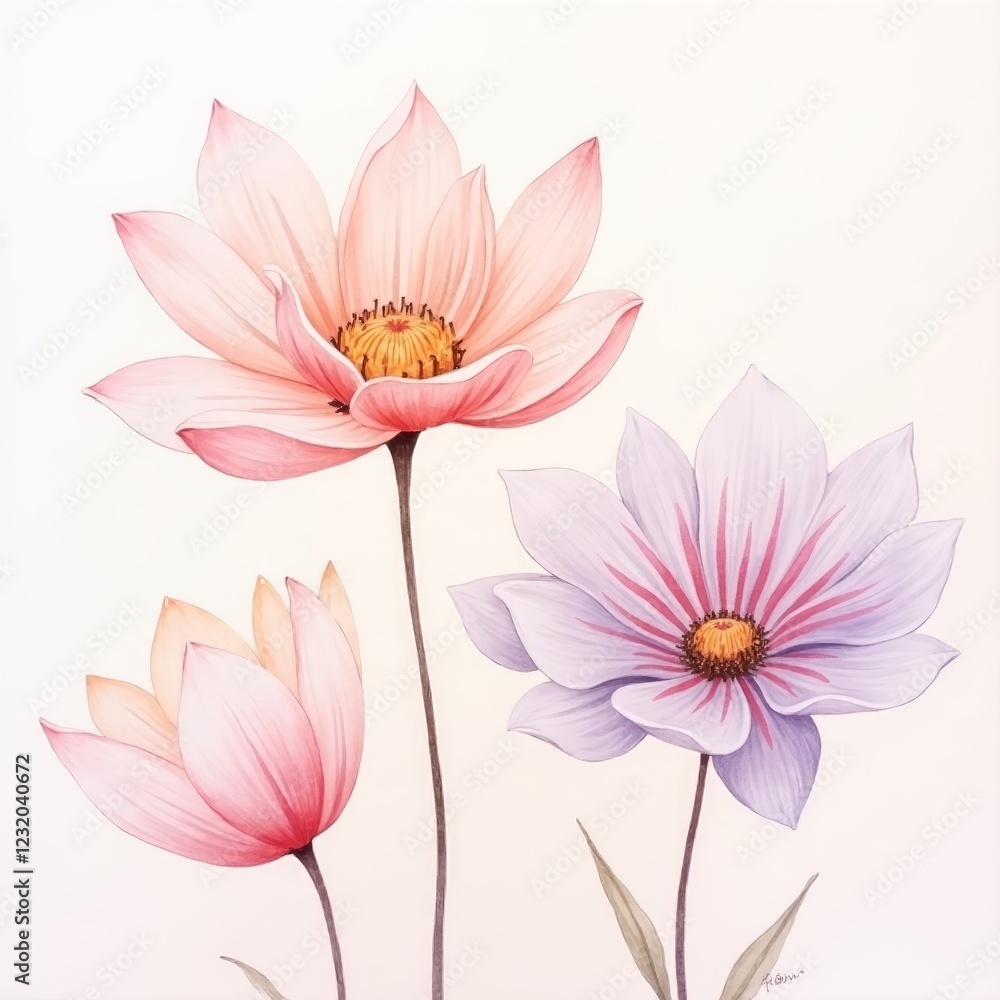 Fototapeta premium Watercolor Flowers, Floral Background, Flower Art, Watercolor Art, Botanical Illustration, Floral Design, Soft Aesthetic, Hand Painted Flowers, Blooming Beauty, Floral Watercolor, Elegant Flowers, Vin