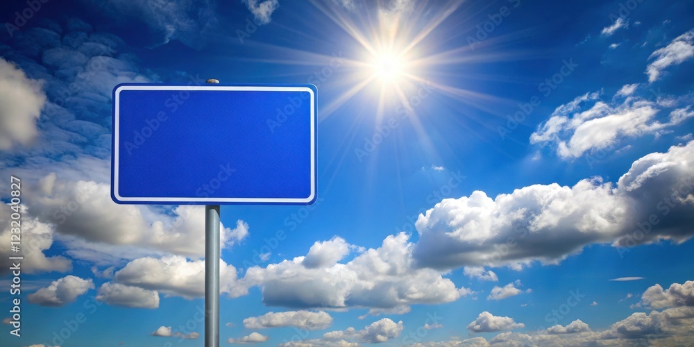 A serene blue road sign situated against a clear sky with fluffy white clouds and a bright sun shining down on it , new home, new beginning A serene blue road sign situated against a clear sky with fluffy white clouds and a bright sun shining down on it , new home, new beginning