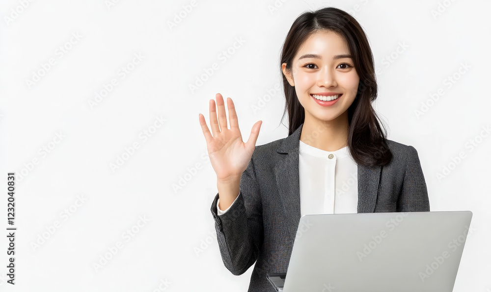 An Asian professional woman waved her hand to the camera at the computer to greet her An Asian professional woman waved her hand to the camera at the computer to greet her