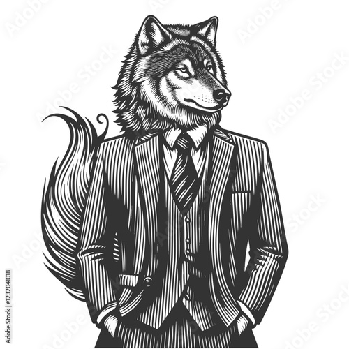 Wolf businessman engraving vector illustration