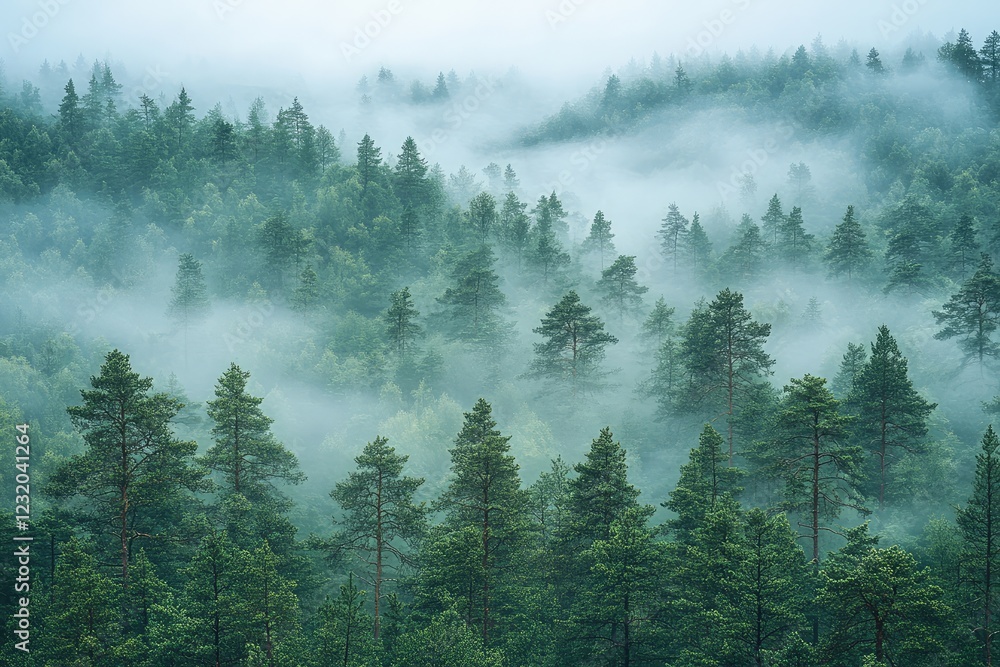 Foggy morning in a dense pine forest, with mist weaving through the trees and a soft, mysterious light filtering through the thick canopy. Foggy morning in a dense pine forest, with mist weaving through the trees and a soft, mysterious light filtering through the thick canopy.