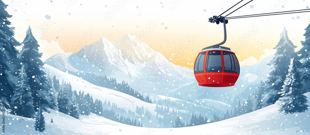 Scenic winter landscape featuring a red gondola lift amidst snow-covered mountains at sunset Scenic winter landscape featuring a red gondola lift amidst snow-covered mountains at sunset