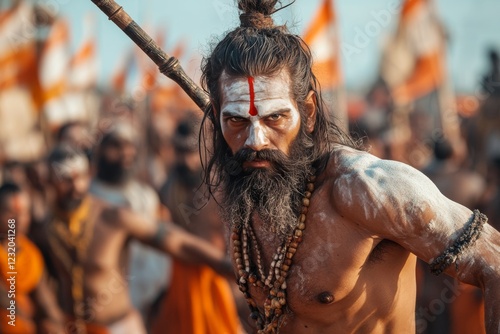 Naga sadhu holding staff and dancing during kumbh mela festival photo