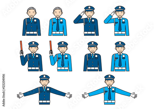 高齢男性警備員のポーズセット　敬礼・誘導・立ち入り禁止
