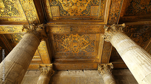 The ceiling of a building is decorated with gold and black designs