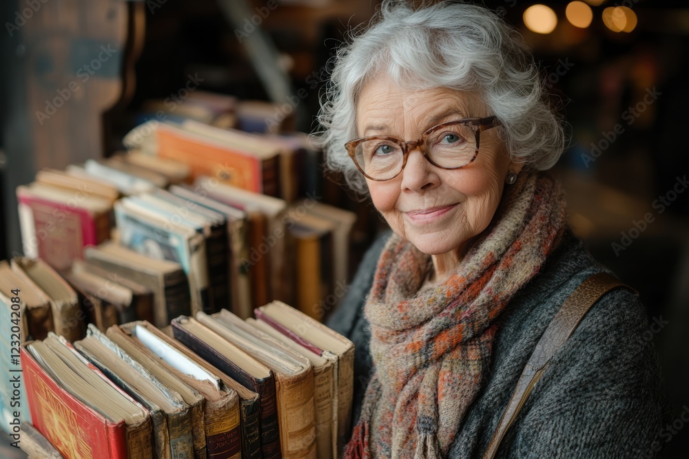 An elderly woman with glasses and a warm smile stands beside a bookshelf filled with vintage books, radiating knowledge and joy in a cozy environment. An elderly woman with glasses and a warm smile stands beside a bookshelf filled with vintage books, radiating knowledge and joy in a cozy environment.