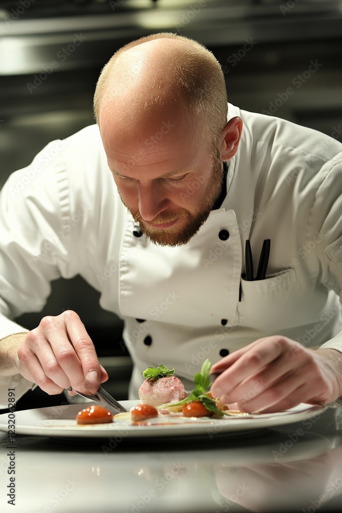 A home chef plating a gourmet dish with artistic presentation A home chef plating a gourmet dish with artistic presentation