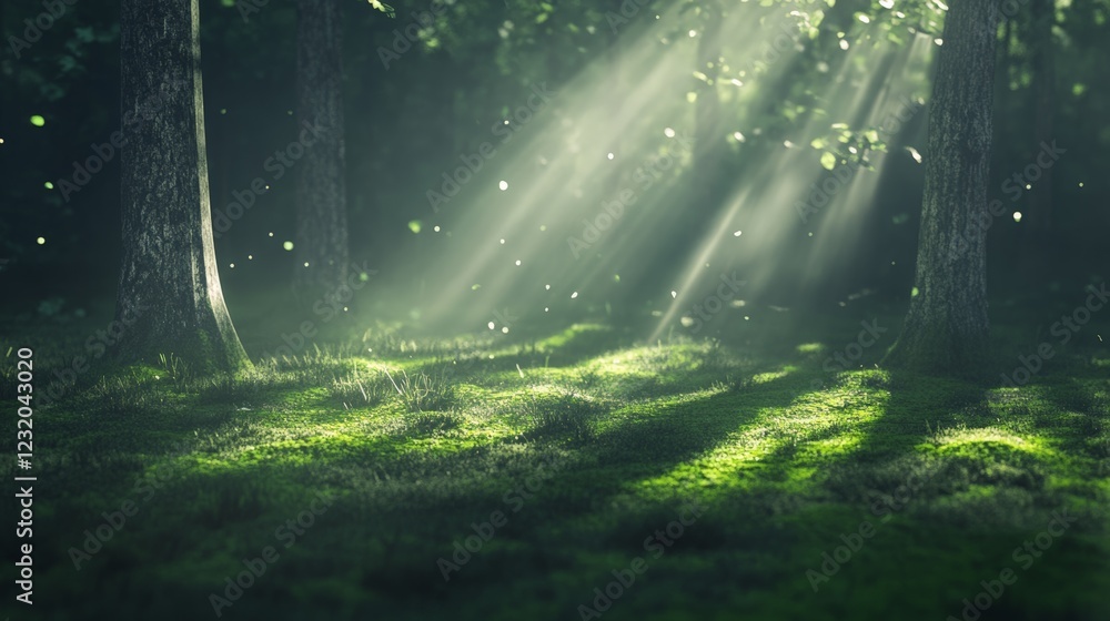 Obraz premium Sunbeams are filtering through the trees in a magical forest illuminating the lush green moss covering the ground, creating a serene and enchanting atmosphere