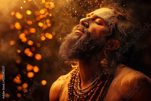 Naga sadhu covered with ashes dancing at kumbh mela festival photo