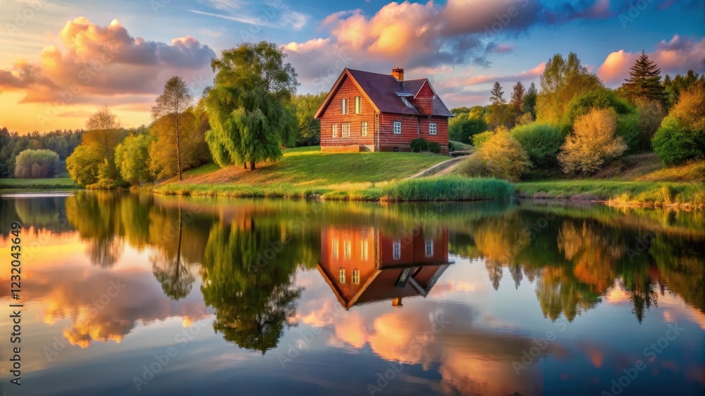Fototapeta premium Rustic red brick house situated on a hill overlooking a serene lake with mirror-reflected image of surrounding trees and sky at sunset , architecture, rural