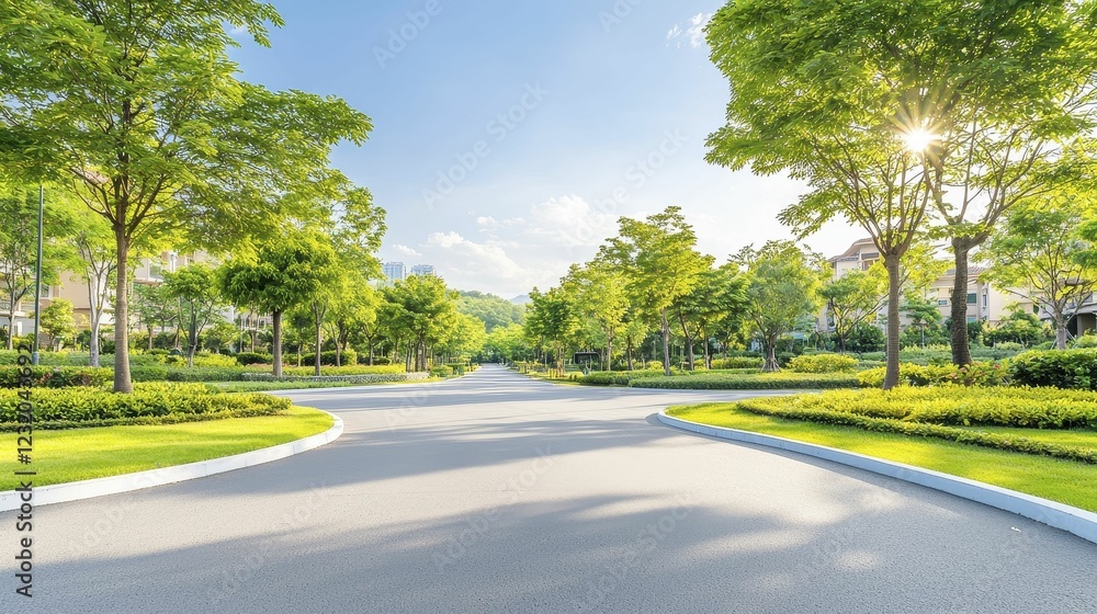 A serene, sunlit street lined with lush trees, inviting a peaceful stroll or drive in a vibrant neighborhood. A serene, sunlit street lined with lush trees, inviting a peaceful stroll or drive in a vibrant neighborhood.