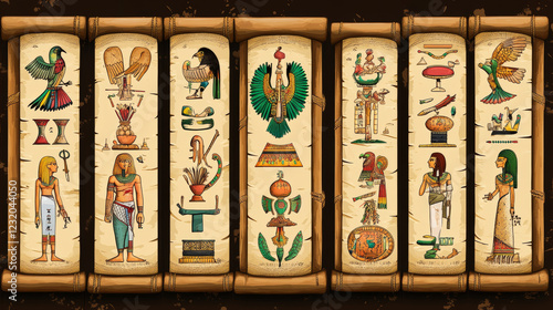 Ancient Egypt papyrus scroll cartoon vector collection with hieroglyphs and Egyptian culture religious symbols, ancient gods and sacred bird, isolated manuscript with dark and light wooden elements. photo