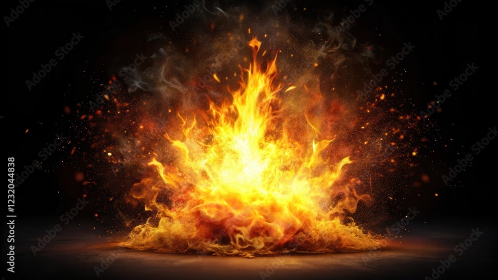 A vibrant flame emerging from a dark, fiery explosion on black background A vibrant flame emerging from a dark, fiery explosion on black background