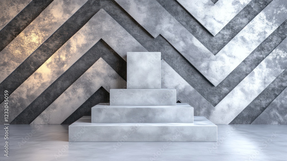 Stone podium steps against geometric wall. Stone podium steps against geometric wall.