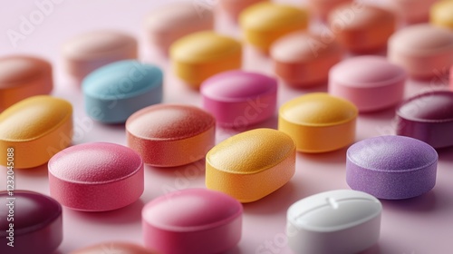 Colorful Pills on Pink Background: A Close-Up View of Assorted Medication photo