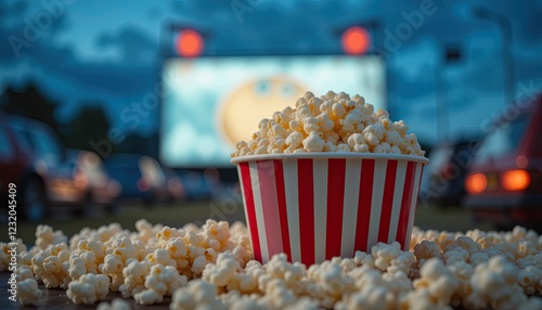  fPopcorn at Drive-In Movie A captivating focus on a bowl of popcorn against a blurred background of a drive-in movie theater, evoking nostalgia and the joy of cinematic experiences photo