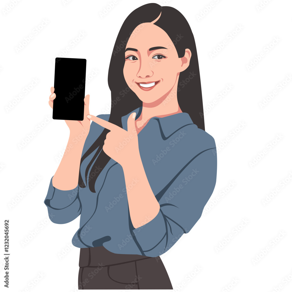 Business woman pointing at smartphone in hand Business woman pointing at smartphone in hand