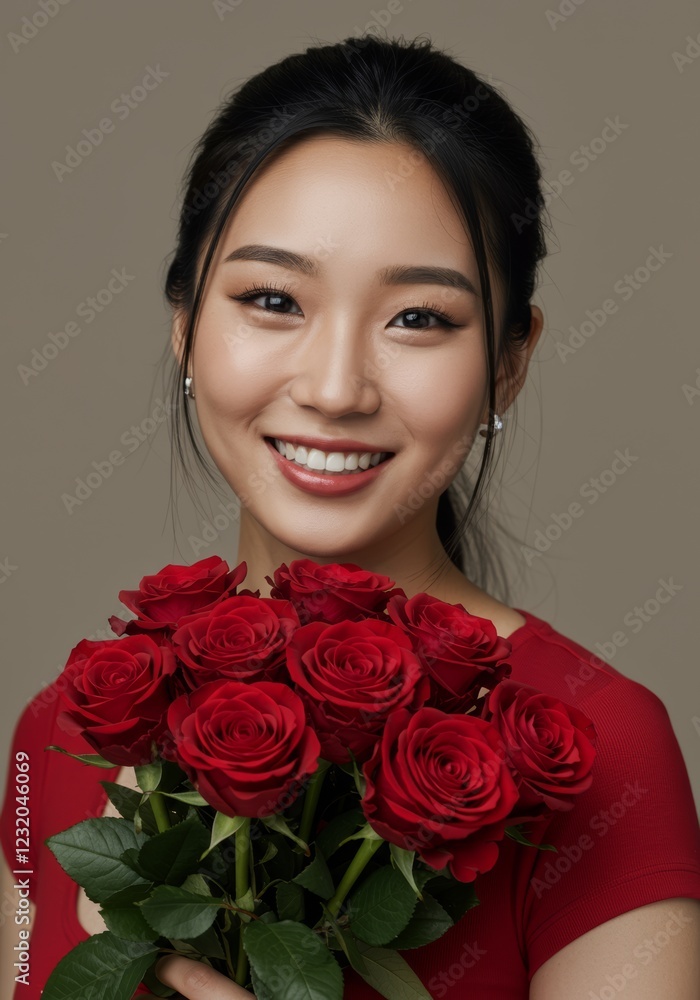 Asian woman smiling and holding red rose bouquet, love theme studio portrait Asian woman smiling and holding red rose bouquet, love theme studio portrait