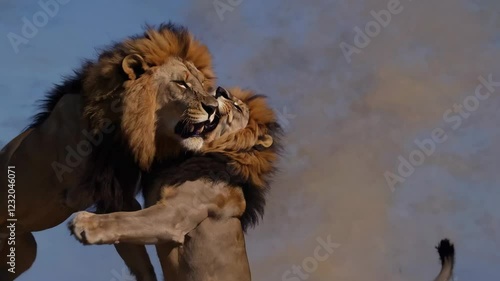 Majestic wildlife scene showing two male lions engaged in a fierce battle, their powerful bodies colliding amidst a cloud of dust in the vast African savannah