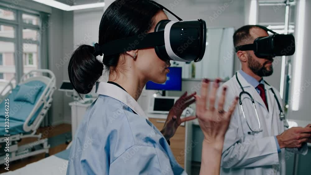 High tech virtual reality headsets enabling medical professionals to collaborate and train in advanced, immersive hospital environment representing digital healthcare innovation High tech virtual reality headsets enabling medical professionals to collaborate and train in advanced, immersive hospital environment representing digital healthcare innovation