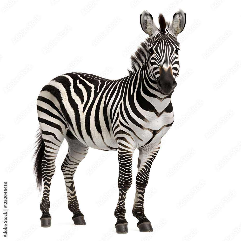 Obraz premium Full-body zebra, isolated on a white background, high-resolution photography. 