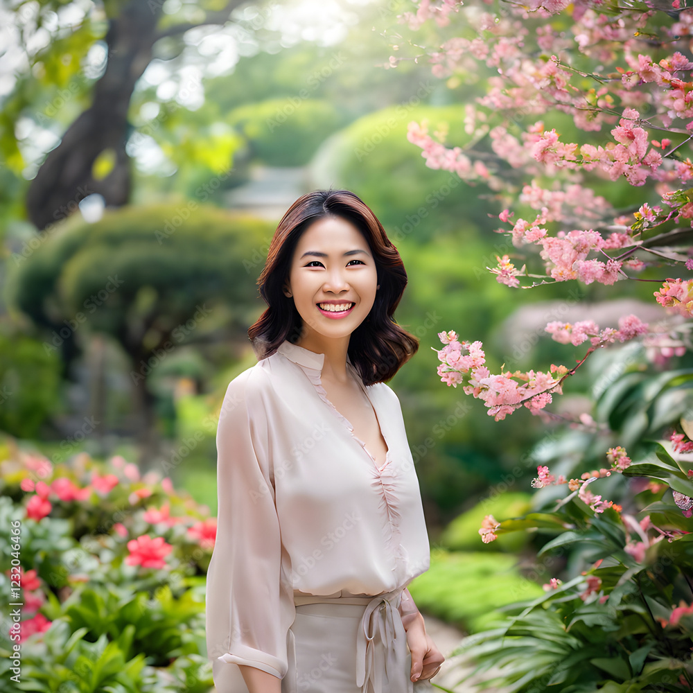Beautiful Woman Smiling in Blooming Garden with Pink Flowers Beautiful Woman Smiling in Blooming Garden with Pink Flowers