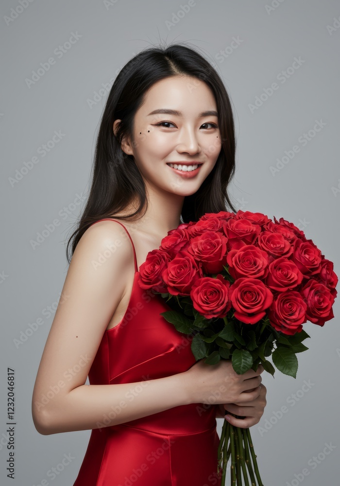 Smiling woman holding a large bouquet of red roses wearing a red elegant dress Smiling woman holding a large bouquet of red roses wearing a red elegant dress