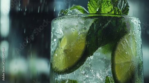 A mojito with fresh mint leaves, lime, and condensation on the glass photo