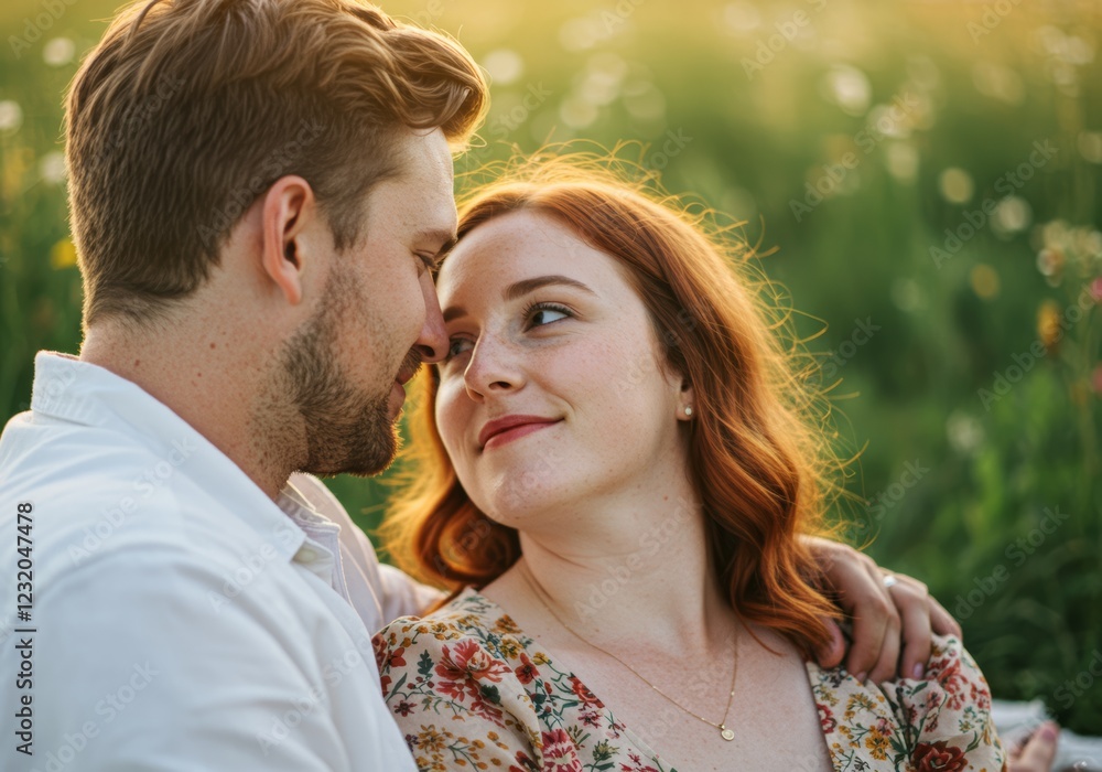 Romantic couple gazing at each other, golden hour light, love and affection, nature Romantic couple gazing at each other, golden hour light, love and affection, nature
