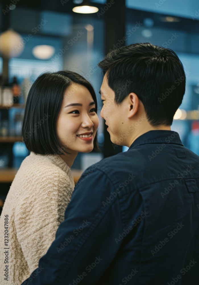 Close up of happy Asian couple looking lovingly at each other during cafe date with soft light Close up of happy Asian couple looking lovingly at each other during cafe date with soft light