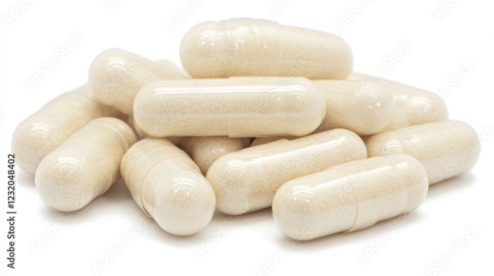 Close-up of a pile of off-white capsules on a white background. Close-up of a pile of off-white capsules on a white background.