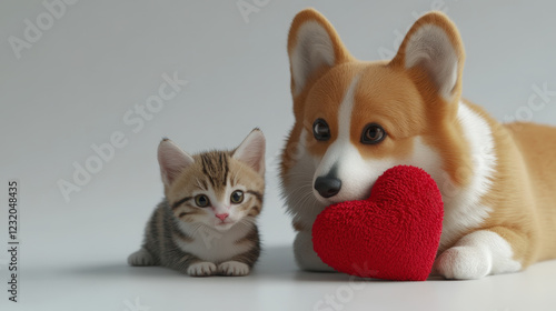 A corgi and a kitten are together. There is a red love in front of them photo