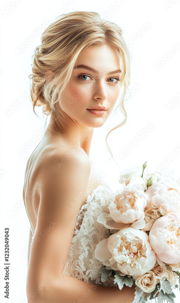 The beautiful bride is wearing a pure white wedding dress and holding flowers in her hands The beautiful bride is wearing a pure white wedding dress and holding flowers in her hands