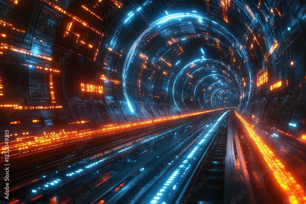 Futuristic train with glowing tracks speeding through a digital tunnel of light. Futuristic train with glowing tracks speeding through a digital tunnel of light.