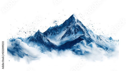 A cascade of paint splashes depicting a snowy mountain isolated on a transparent background