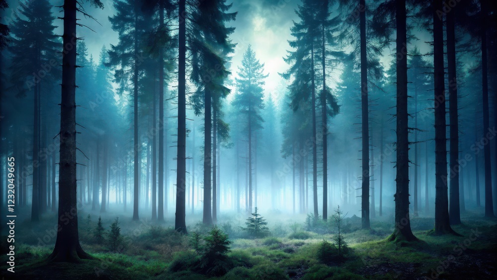 Fototapeta premium Dark forest landscape with tall trees and mysterious fog, misty, mystery, misty, mystery, tree silhouettes, wilderness
