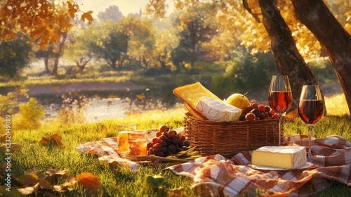 A picnic by the warm park with a basket of French cheeses, wine, and fruits photo