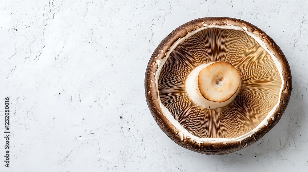 Single Large Mushroom Close Up View on Off White Background Single Large Mushroom Close Up View on Off White Background