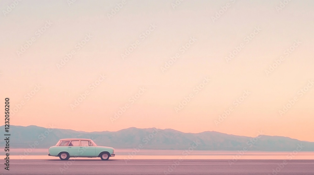 Pastel-colored vintage car drives on a flat road towards distant mountains at sunset.