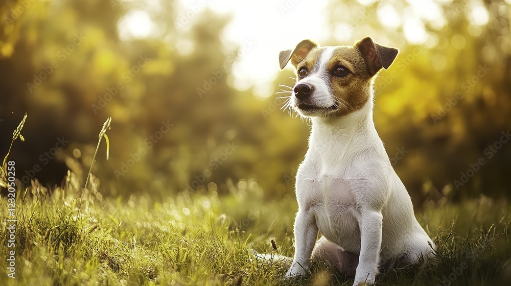 Jack Russell Terrier in a sunlit field, vibrant colors, realistic fur texture, close-up portrait. Joyful simplicity in nature's embrace. Jack Russell Terrier in a sunlit field, vibrant colors, realistic fur texture, close-up portrait. Joyful simplicity in nature's embrace.