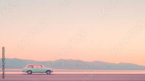 Obraz na płótnie Pastel-colored vintage car drives on a flat road towards distant mountains at sunset. w salonie