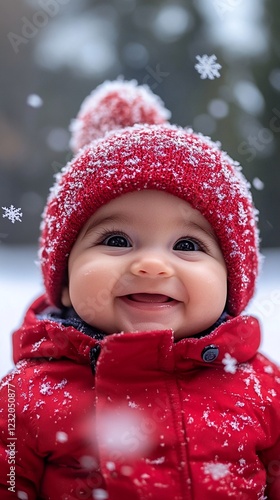 A young child wearing a red winter coat and hat is smiling while playing in the snow. photo