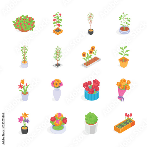 A set of isometric icons of plants and flowers in different containers.