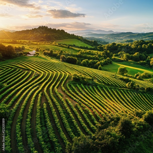 Wallpaper Mural Aerial view of rolling green hills at sunset, showcasing vibrant terraced vineyards. Torontodigital.ca