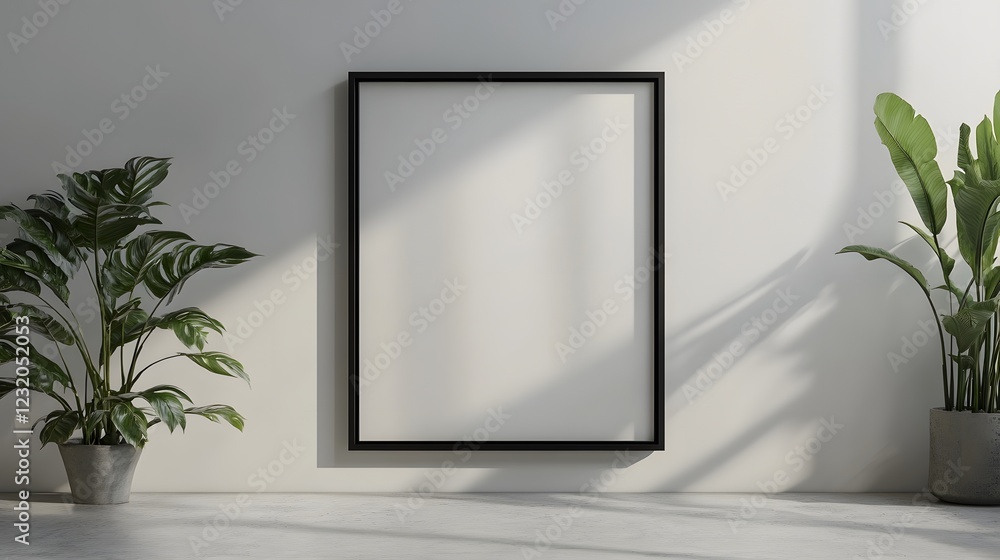 Bright and airy minimal interior design with lush potted plants framed wall art and natural light streaming through the window A serene calming Bright and airy minimal interior design with lush potted plants framed wall art and natural light streaming through the window A serene calming